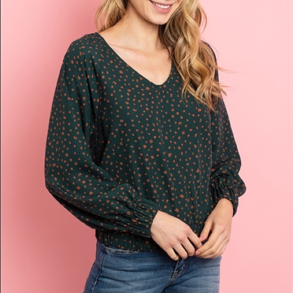 Hunter Green Leopard Print Smocked Blouse - Picture 2 of 8